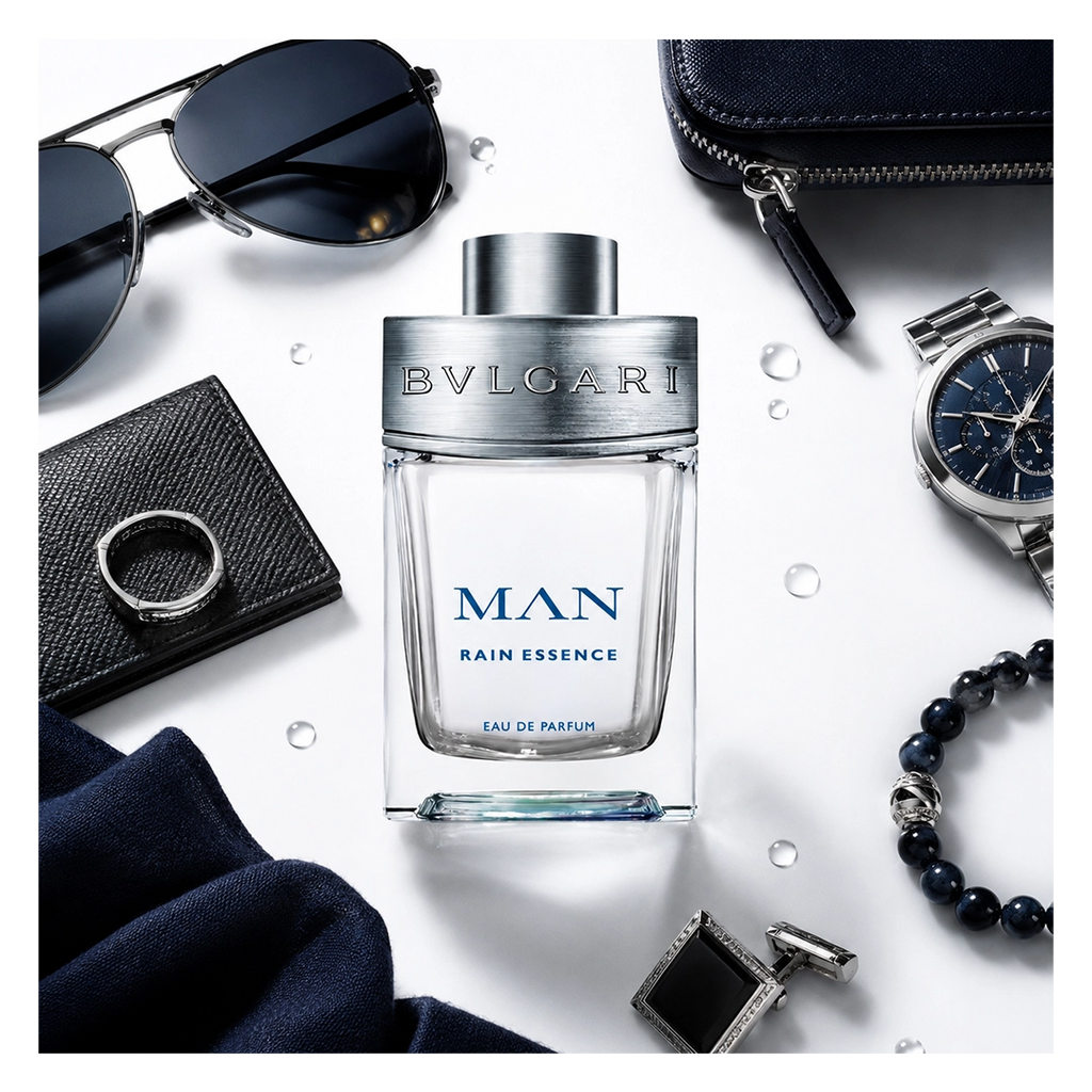 Bvlgari Man Rain Essence Eau de Parfum mit eleganten Herrenaccessoires wie Uhr, Sonnenbrille, Manschettenknöpfen und Lederbörse auf hellem Hintergrund.