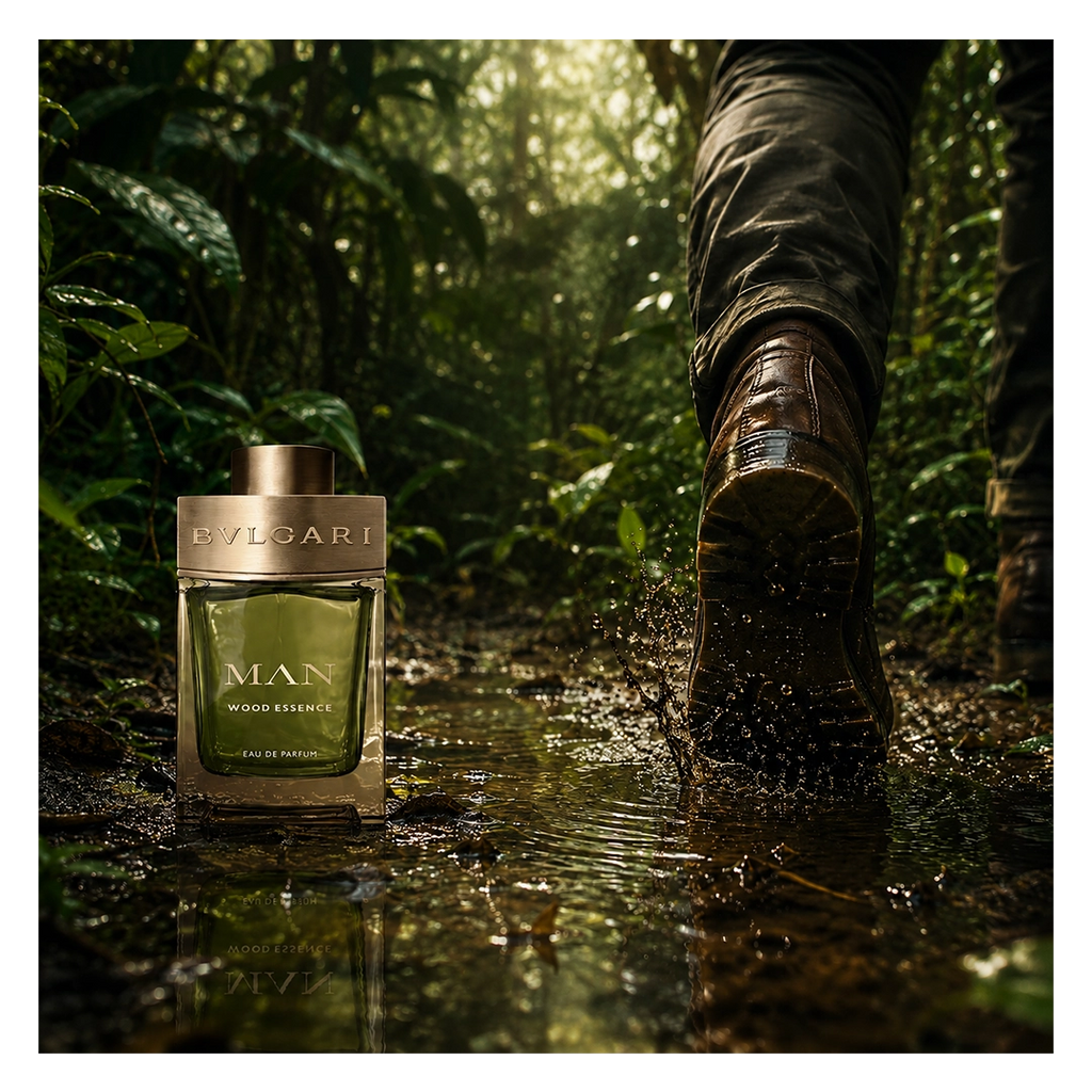 Bvlgari Man Wood Essence Eau de Parfum in einer abenteuerlichen Dschungelszene mit Wanderer auf einem Waldpfad und natürlicher Kulisse.