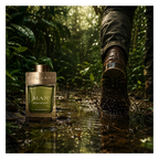 Bvlgari Man Wood Essence Eau de Parfum in einer abenteuerlichen Dschungelszene mit Wanderer auf einem Waldpfad und natürlicher Kulisse.