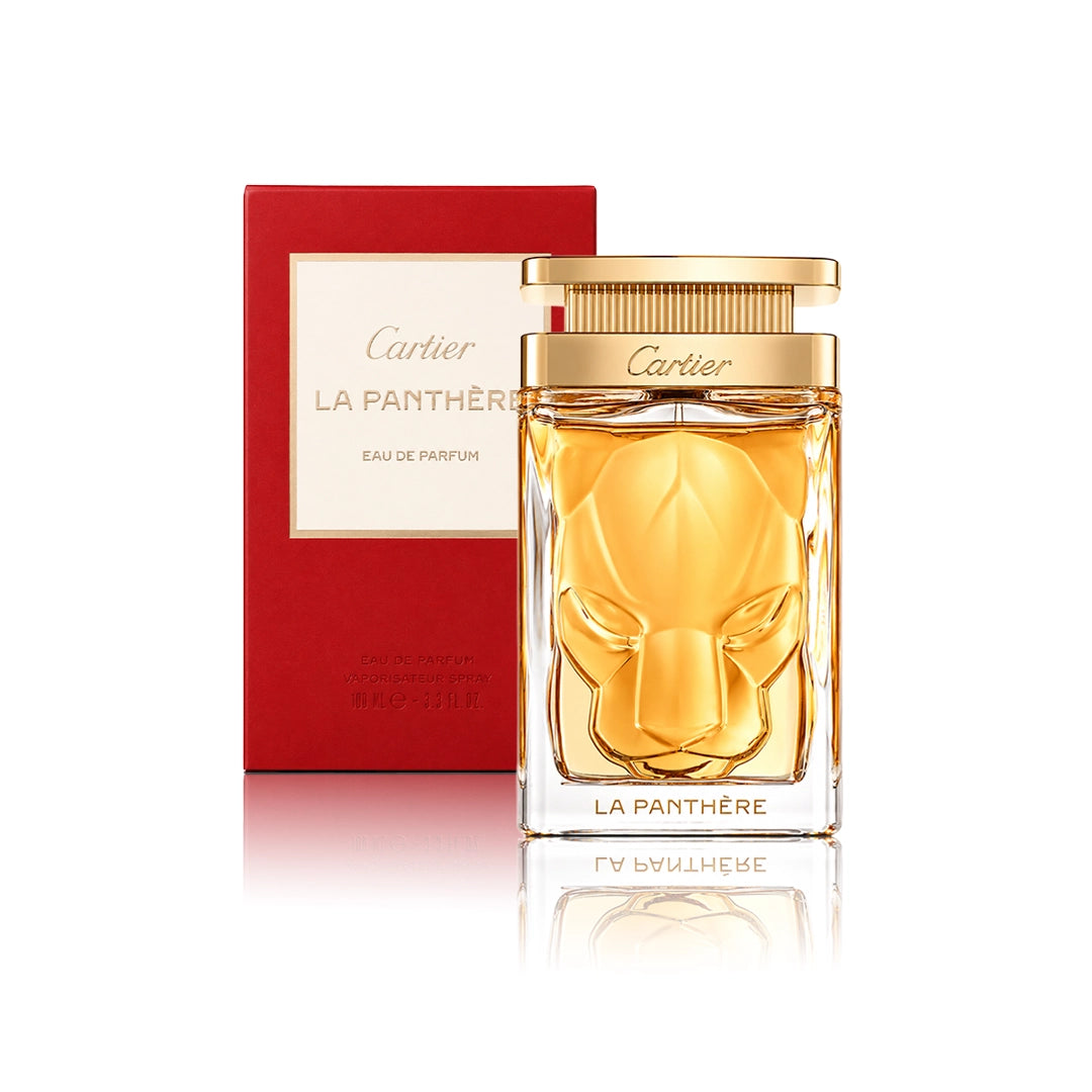 Cartier La Panthère Eau de Parfum 100 ml Flakon mit Originalverpackung auf weißem Hintergrund