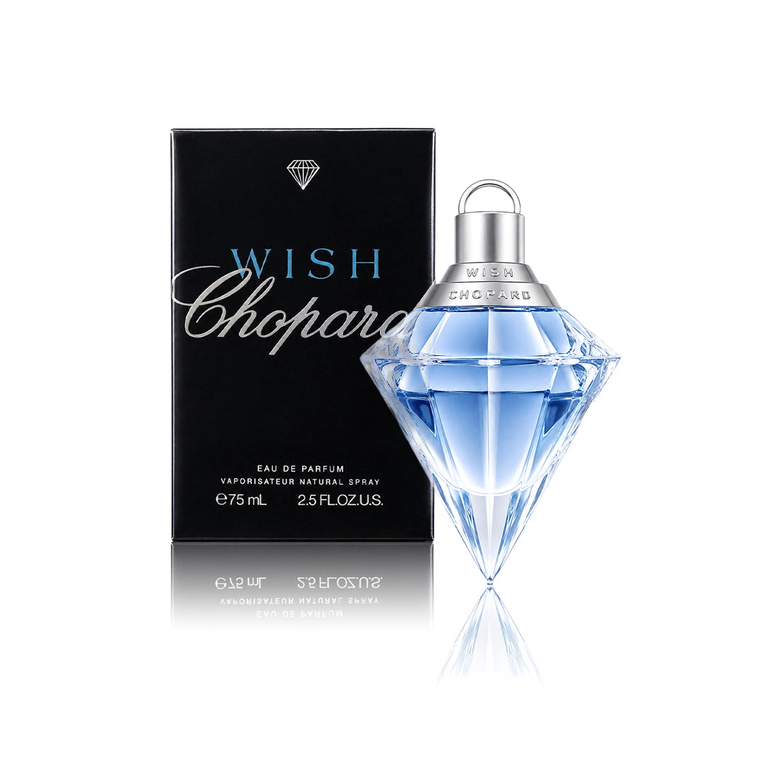 Chopard Wish Eau de Parfum 75 ml Flakon mit Originalverpackung auf weißem Hintergrund