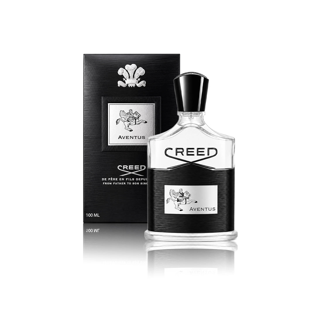 Creed Aventus for Men Eau de Parfum Spray 100 ml Flakon mit Originalverpackung auf weißem Hintergrund