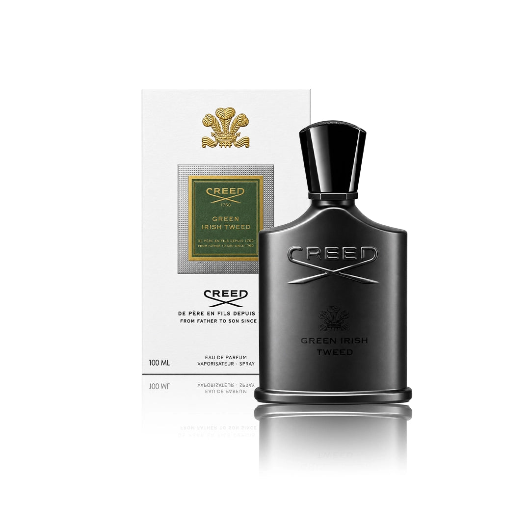 Creed Green Irish Tweed Eau de Parfum Spray 100 ml Flakon mit Originalverpackung auf weißem Hintergrund