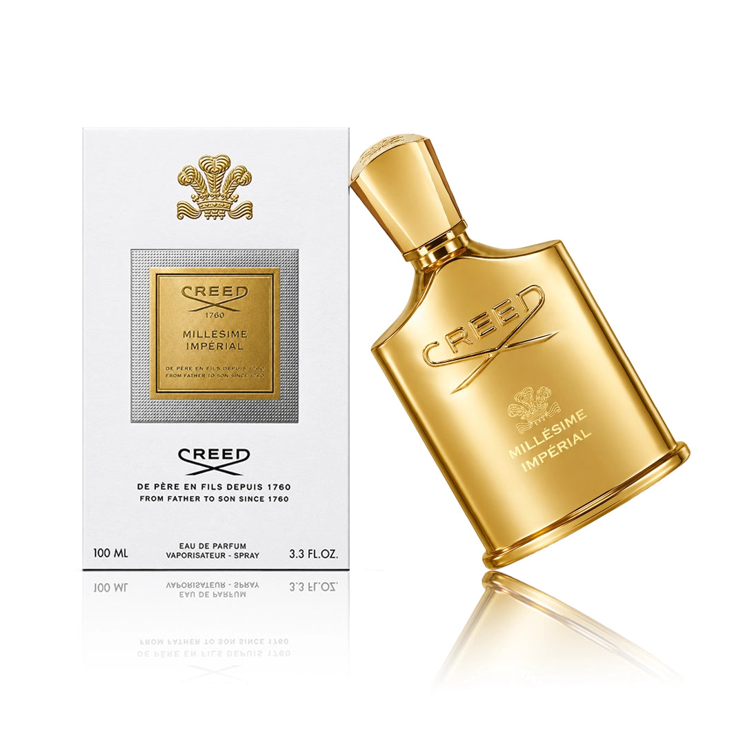 Creed Millésime Impérial Eau de Parfum 100 ml Flakon mit Originalverpackung auf weißem Hintergrund der Flakon ist nach links gekippt