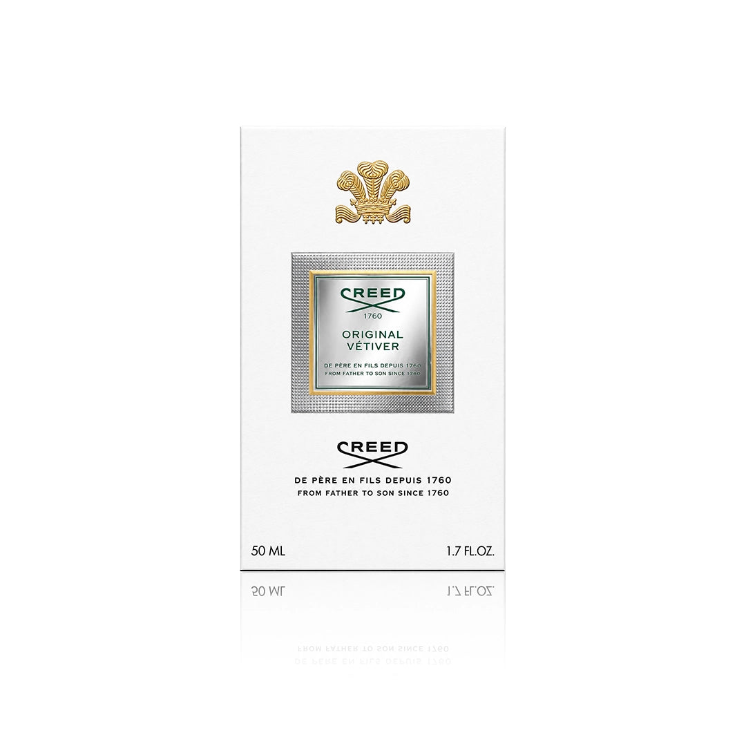 Creed Original Vetiver Eau de Parfum Spray 50 ml mit Originalverpackung auf weißem Hintergrund