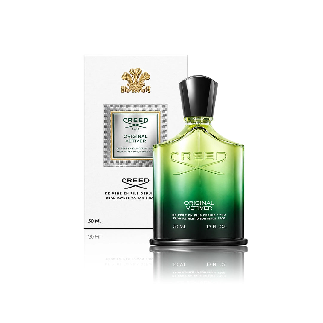 Creed Original Vetiver Eau de Parfum Spray 50 ml Flakon mit Originalverpackung auf weißem Hintergrund