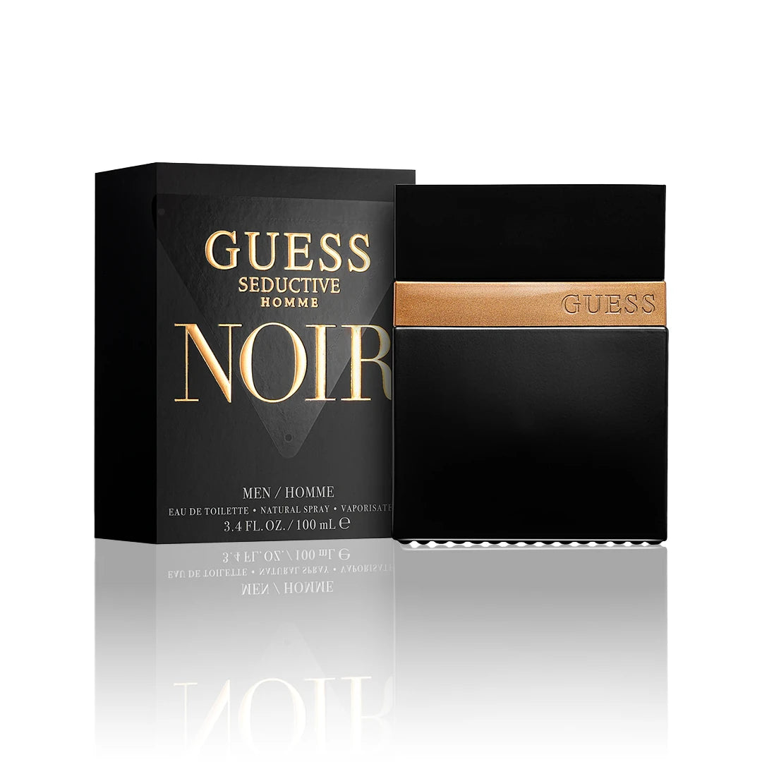 Guess Seductive Homme Noir Eau de Toilette 100 ml Flakon mit Originalverpackung auf weißem Hintergrund