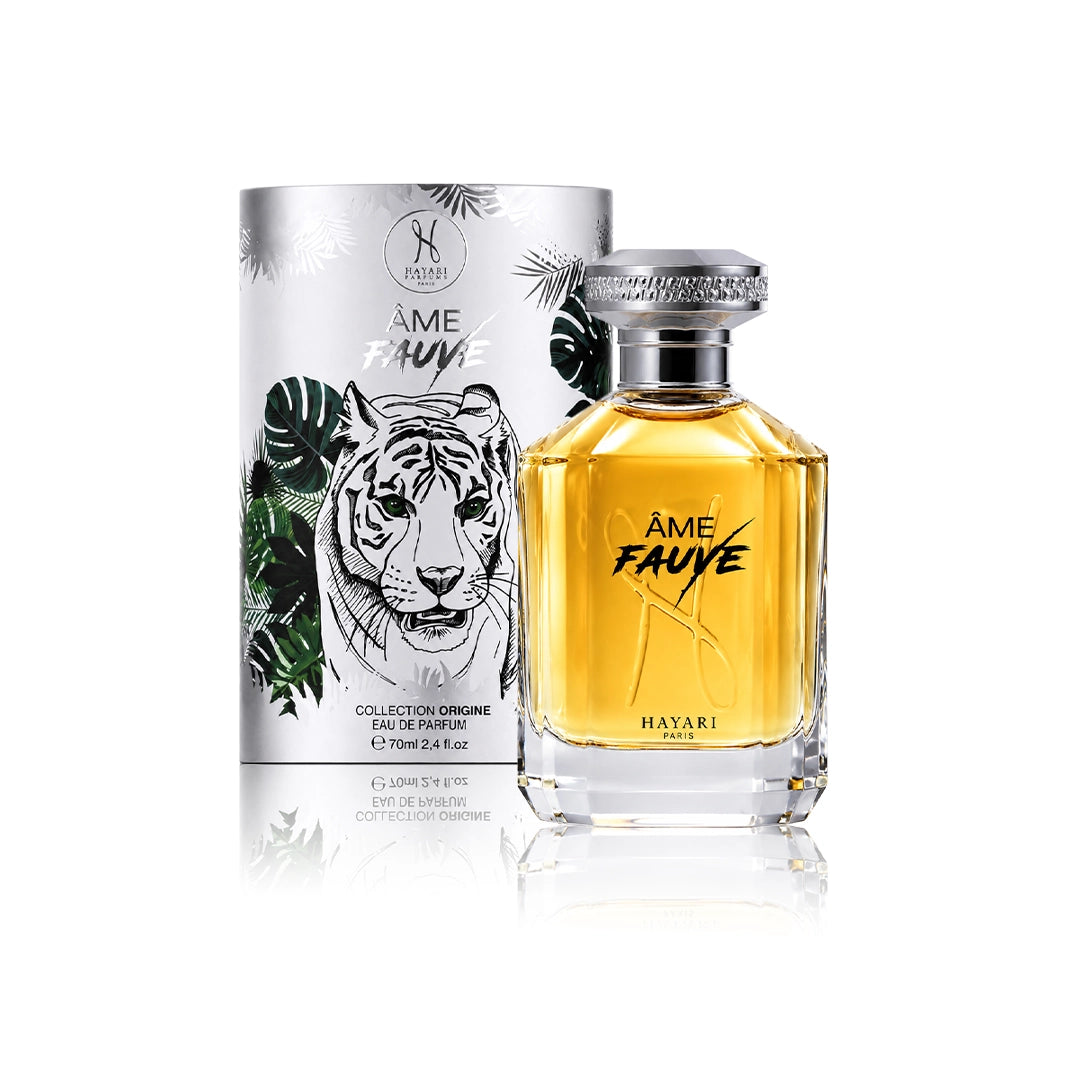 Hayari Âme Fauve Eau de Parfum 70 ml Flakon mit Originalverpackung auf weißem Hintergrund