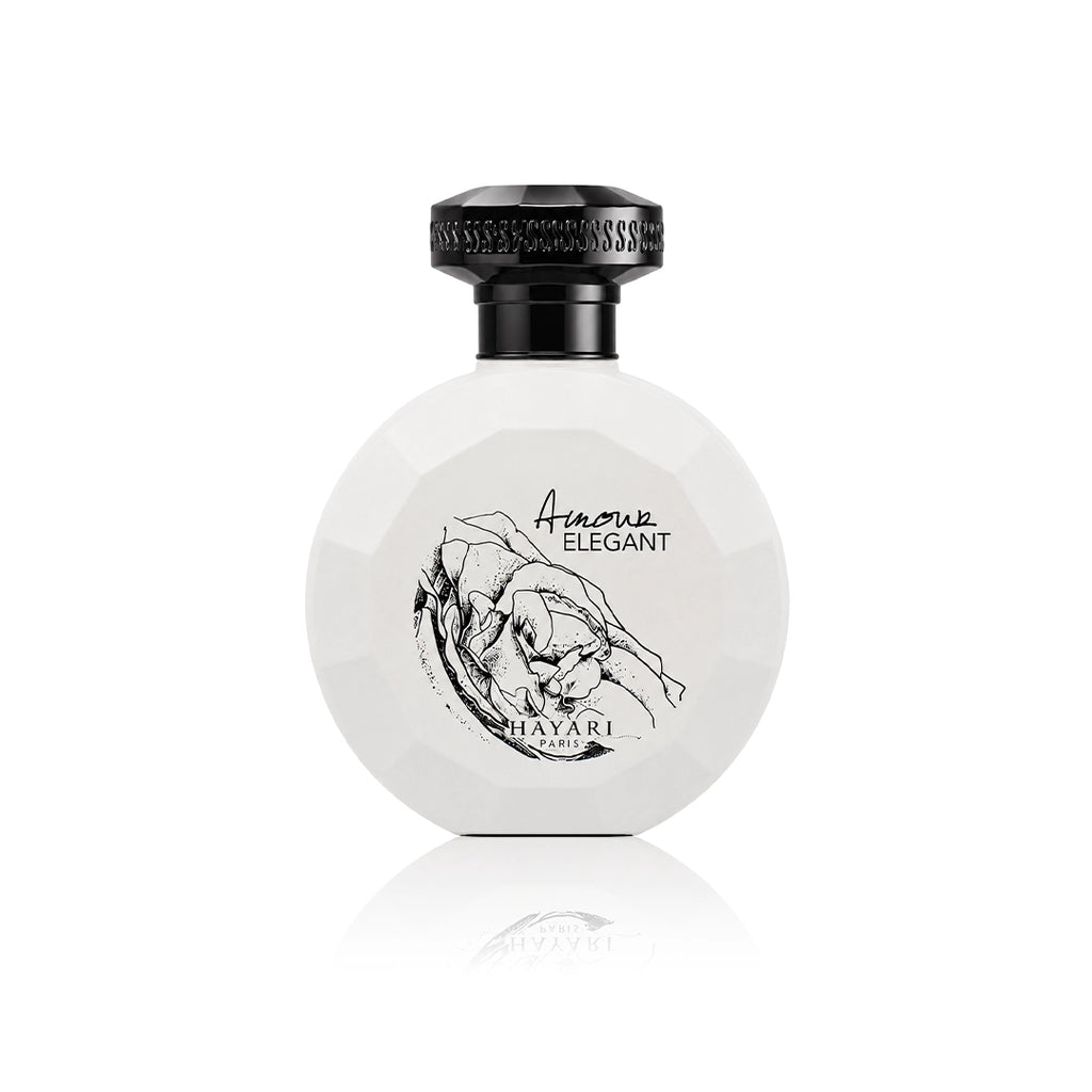 Hayari Amour Élégant Eau de Parfum 100 ml Flakon auf weißem Hintergrund