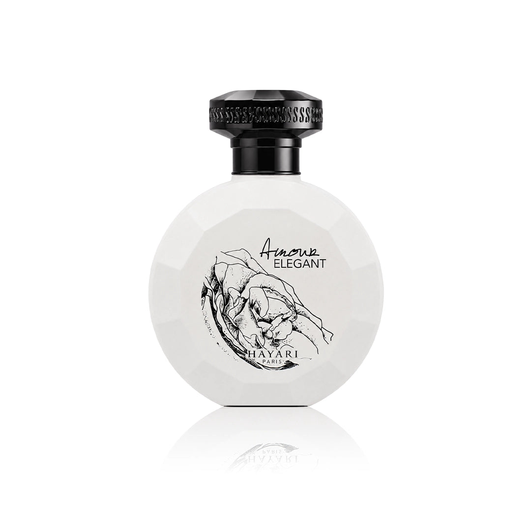 Hayari Amour Élégant Eau de Parfum 100 ml Flakon auf weißem Hintergrund