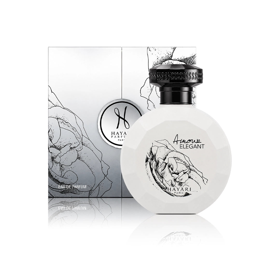 Hayari Amour Élégant Eau de Parfum 100 ml Flakon mit Originalverpackung auf weißem Hintergrund
