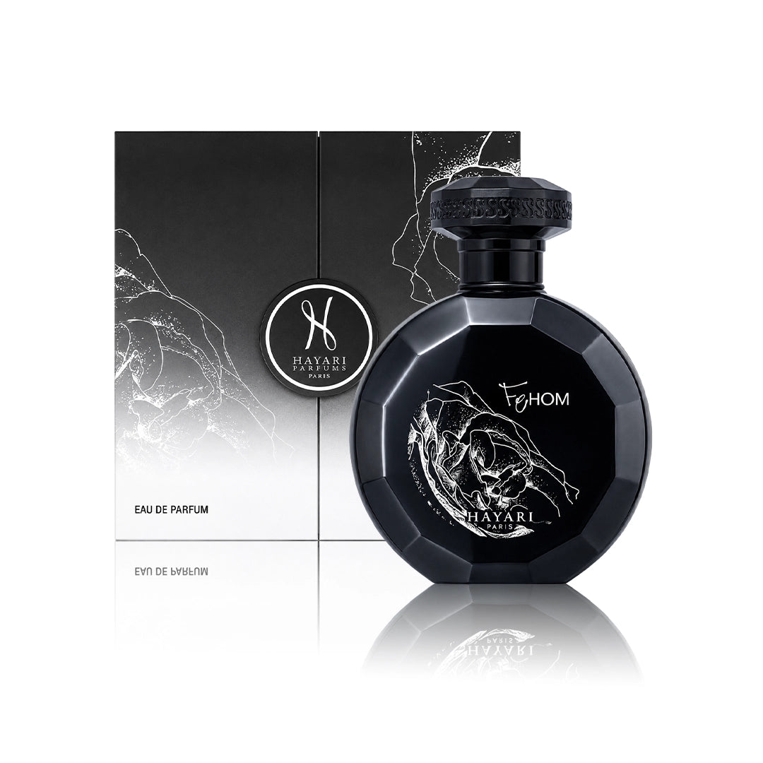 Hayari Fehom Eau de Parfum 100 ml Flakon mit Originalverpackung auf weißem Hintergrund
