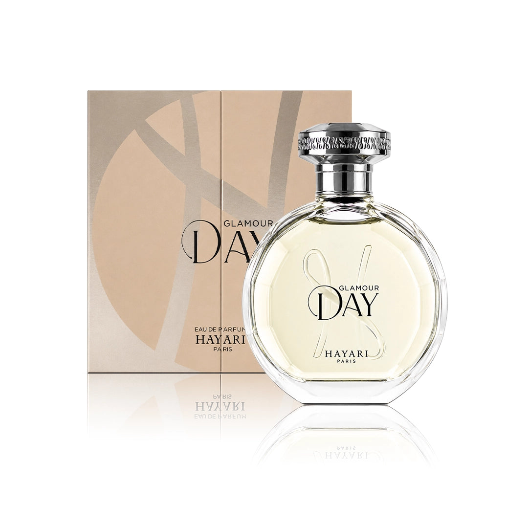 Hayari Glamour Day Eau de Parfum 100 ml Flakon mit Originalverpackung auf weißem Hintergrund