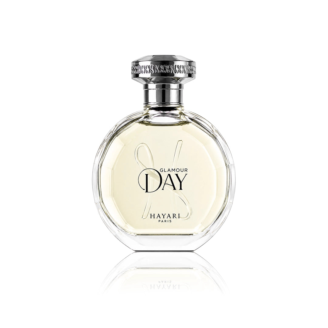 Hayari Glamour Day Eau de Parfum 100 ml Flakon auf weißem Hintergrund