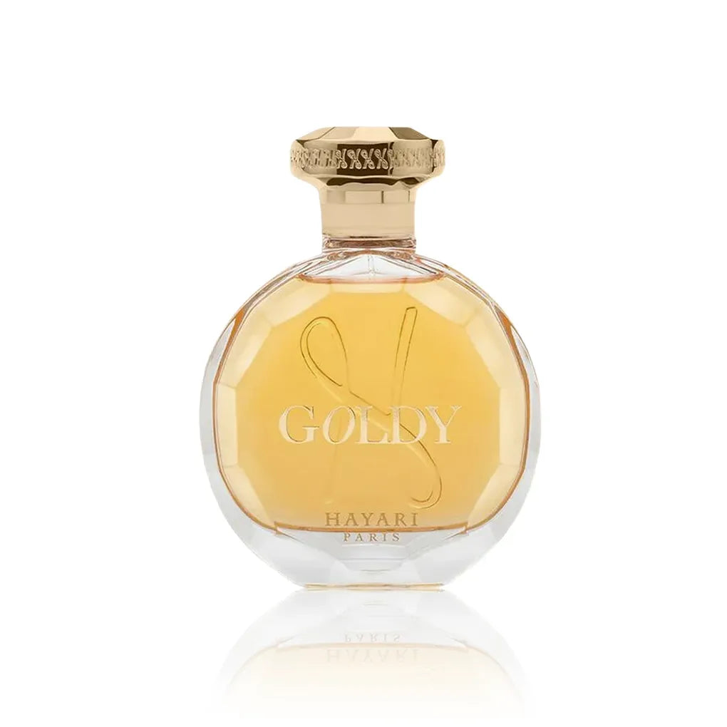 Hayari Goldy Eau de Parfum 100 ml Flakon auf weißem Hintergrund