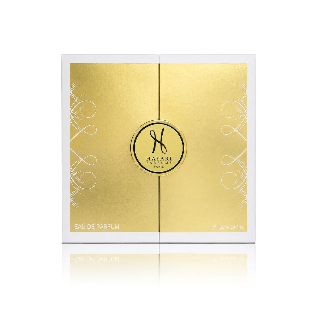 Hayari Goldy Eau de Parfum 100 ml mit Originalverpackung auf weißem Hintergrund