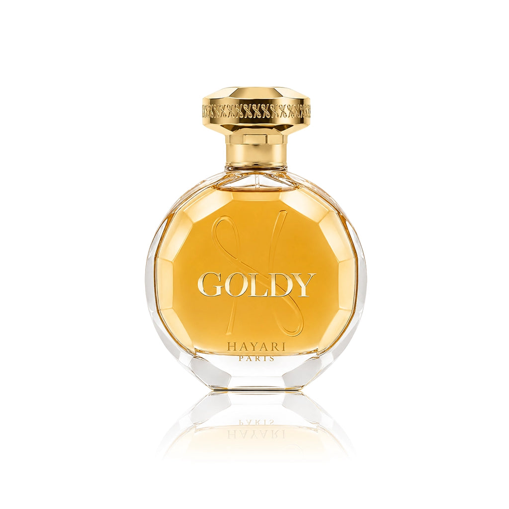 Hayari Goldy Eau de Parfum 100 ml Flakon auf weißem Hintergrund