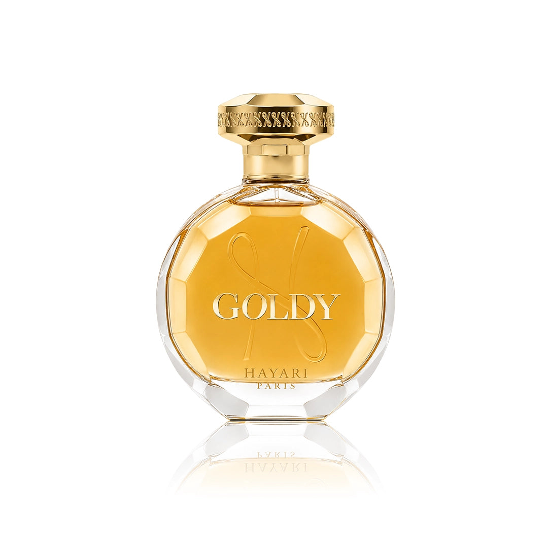 Hayari Goldy Eau de Parfum 100 ml Flakon auf weißem Hintergrund
