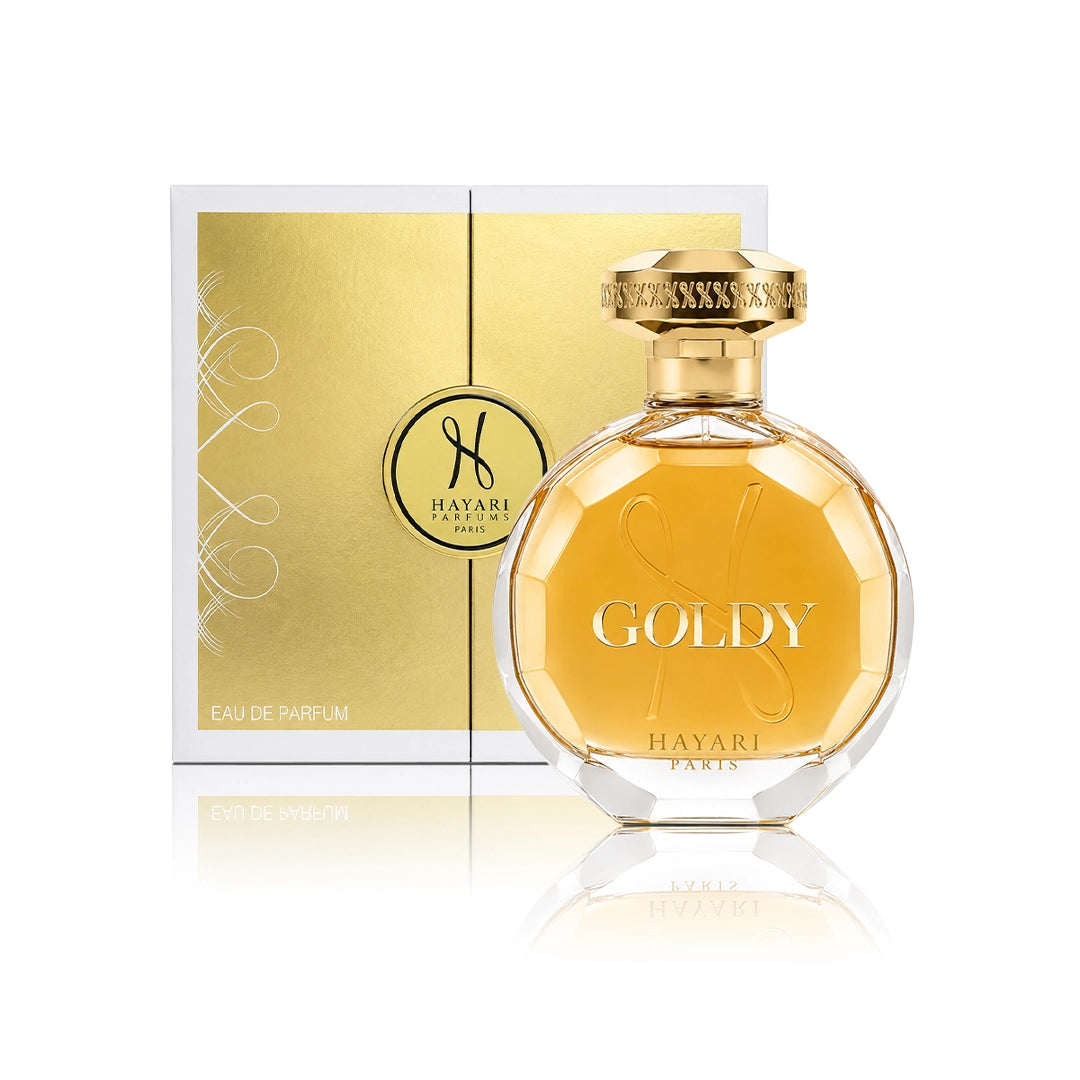 Hayari Goldy Eau de Parfum 100 ml Flakon mit Originalverpackung auf weißem Hintergrund
