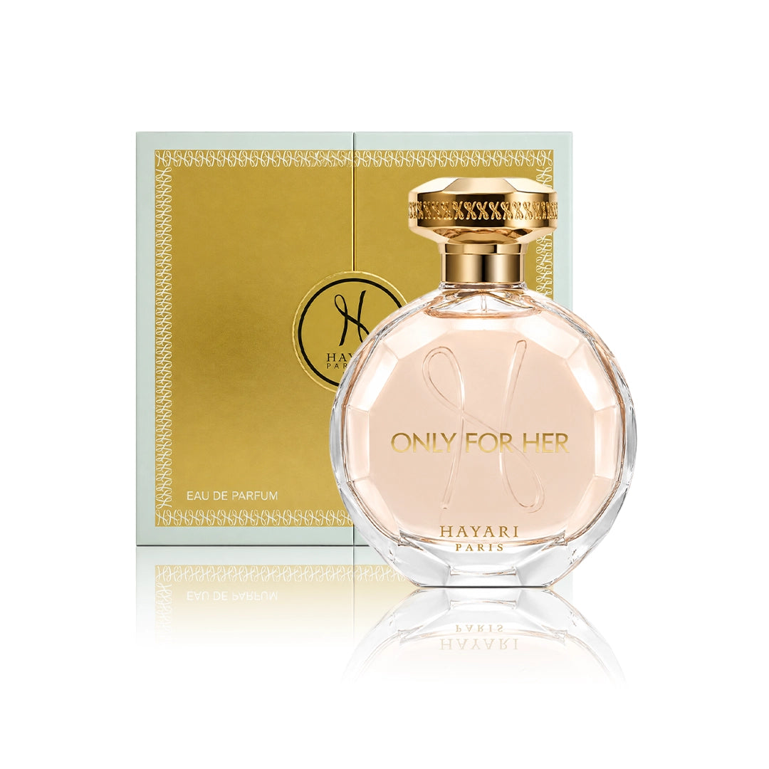 Hayari Only For Her Eau de Parfum 100 ml Flakon mit Originalverpackung auf weißem Hintergrund