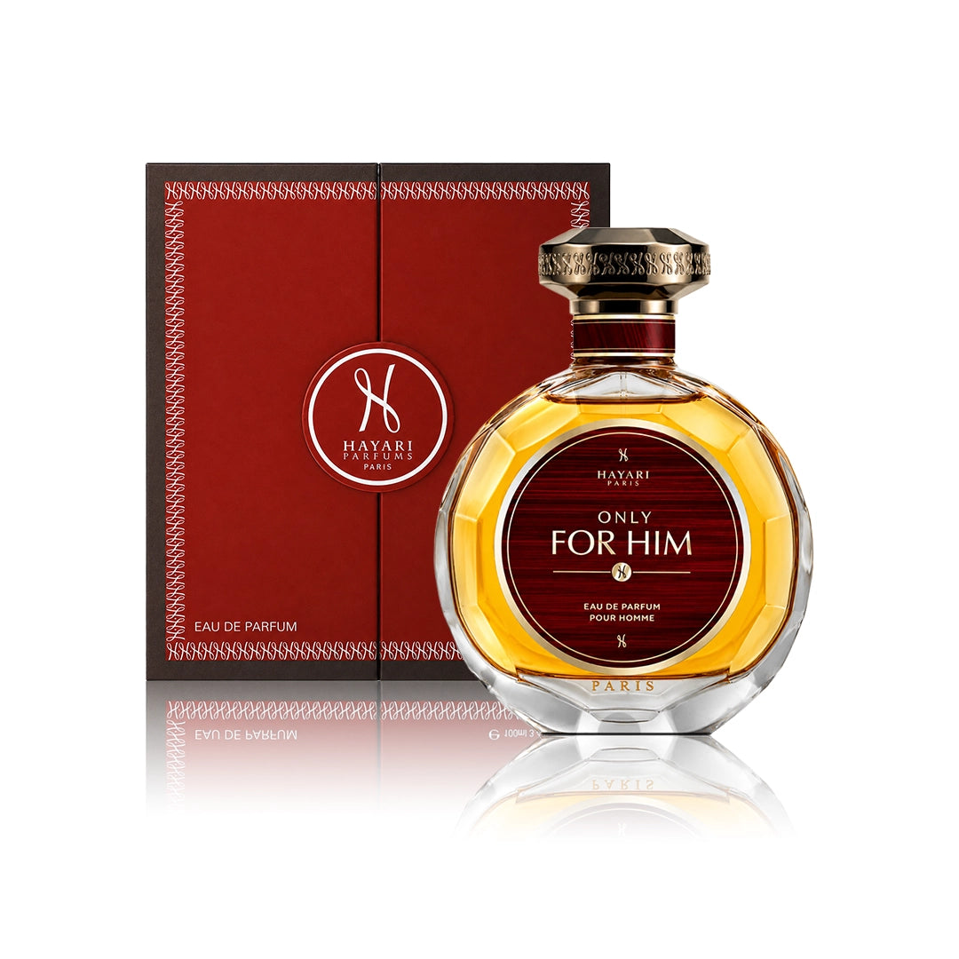 Hayari Only For Him Eau de Parfum 100 ml Flakon mit Originalverpackung auf weißem Hintergrund