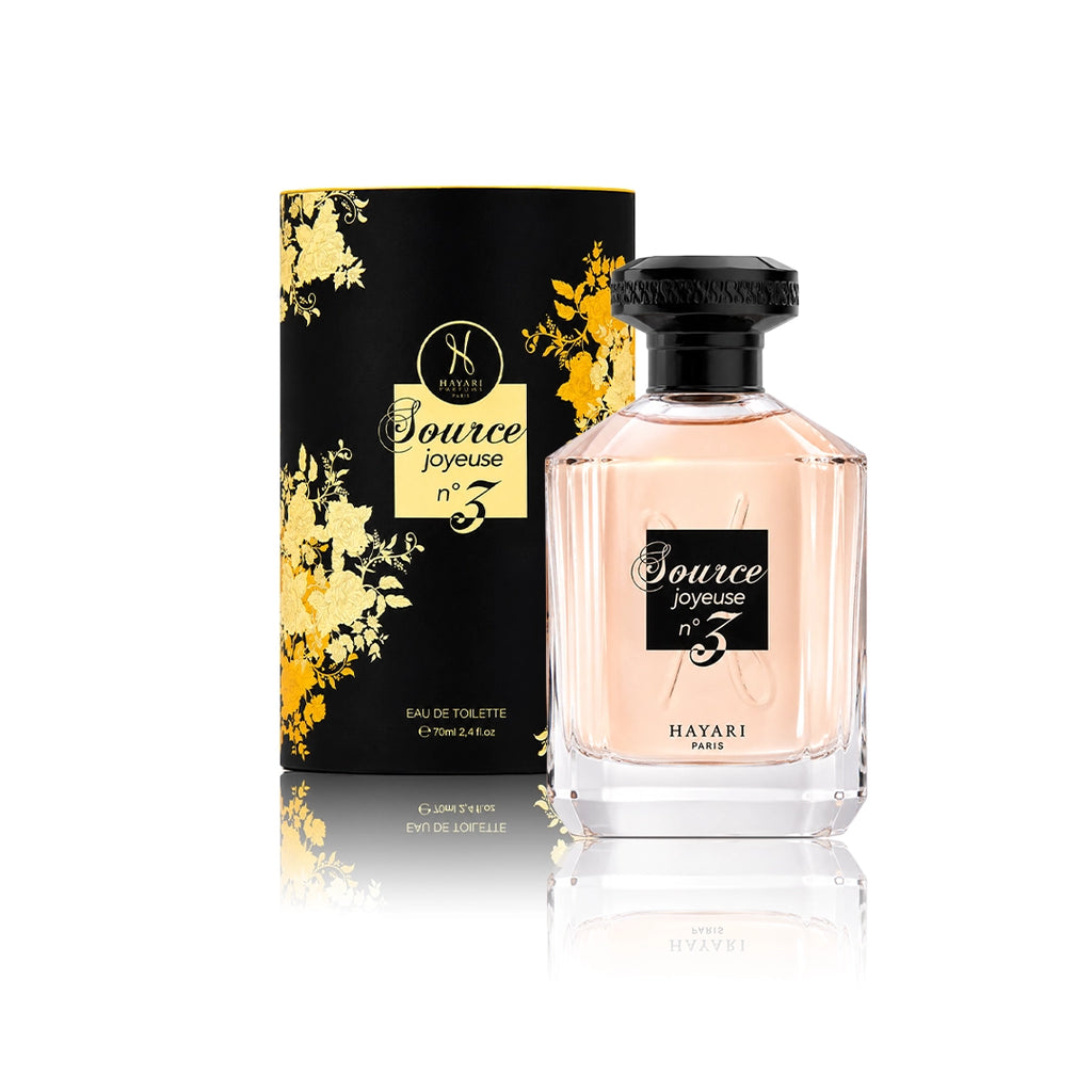 Hayari Source Joyeuse N°3 Eau de Parfum 70 ml Flakon mit Originalverpackung auf weißem Hintergrund