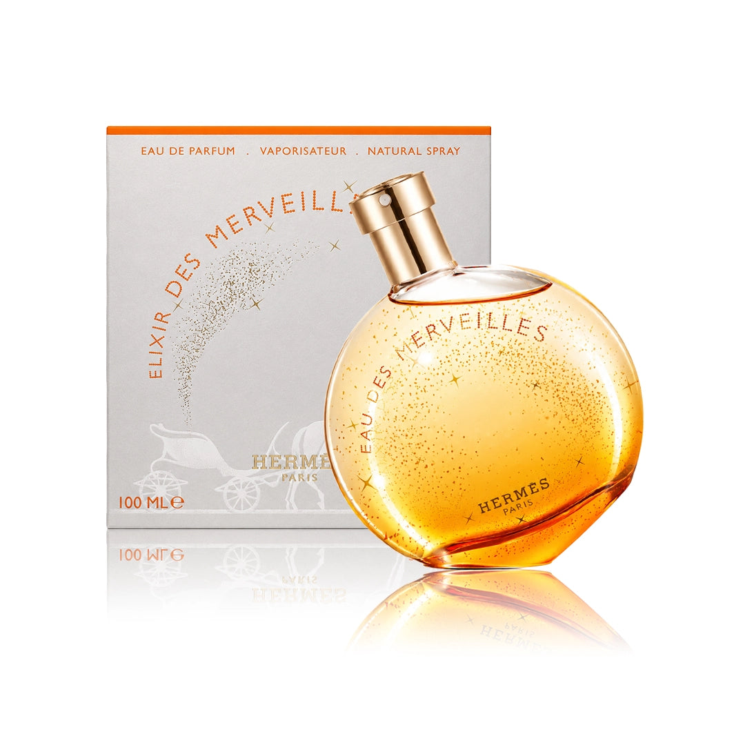 Hermès Elixir des Merveilles Eau de Parfum 100 ml Flakon mit Originalverpackung auf weißem Hintergrund