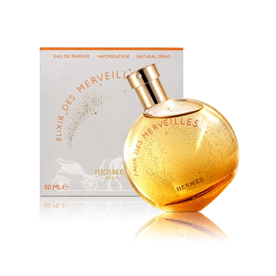 Hermès Elixir des Merveilles Eau de Parfum 50 ml Flakon mit Originalverpackung auf weißem Hintergrund