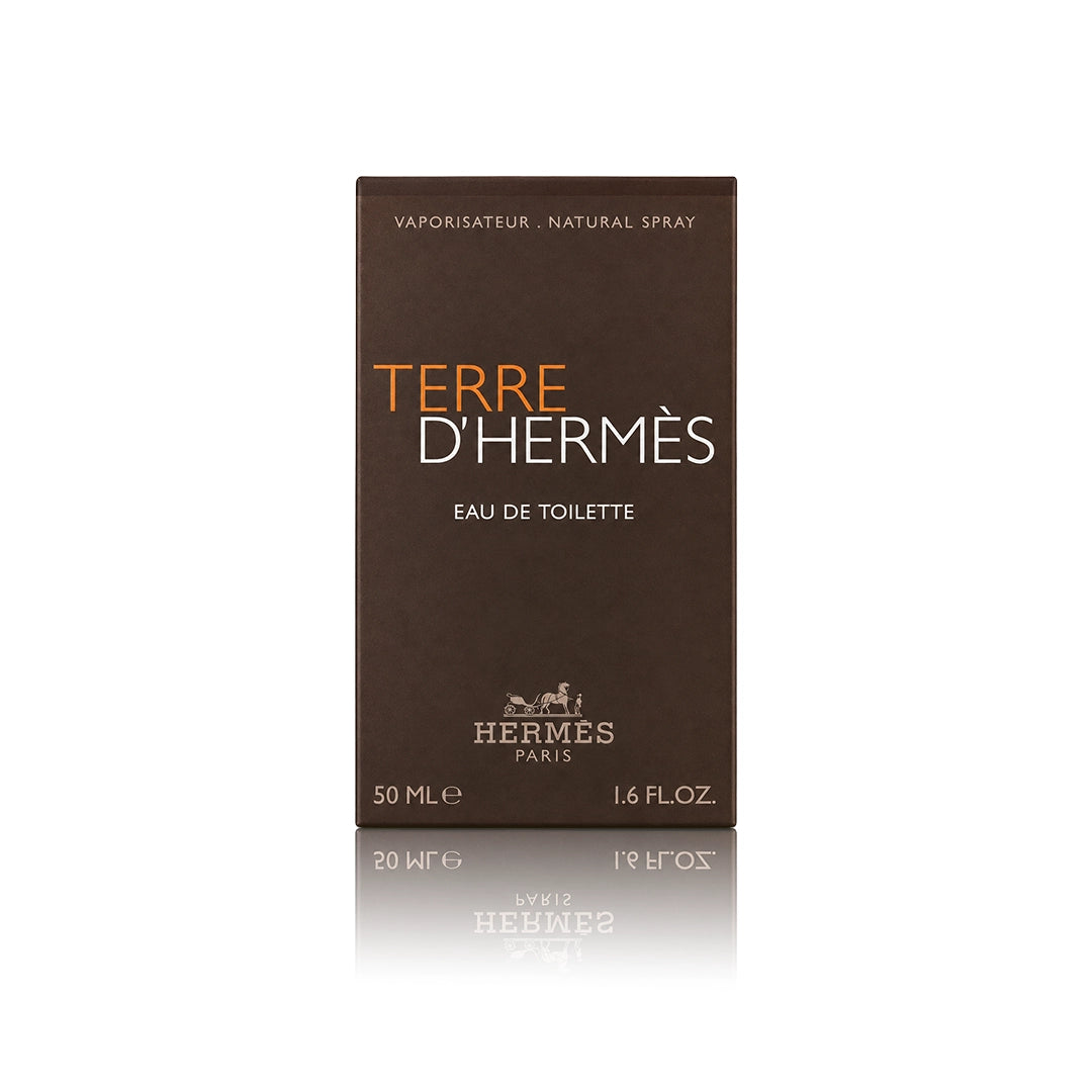Hermès Terre d’Hermès Eau de Toilette 50 ml mit Originalverpackung auf weißem Hintergrund