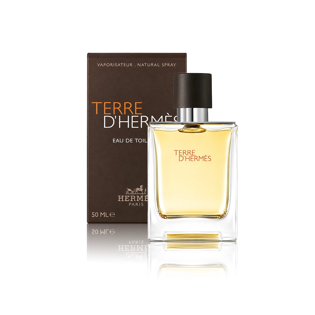 Hermès Terre d’Hermès Eau de Toilette 50 ml Flakon mit Originalverpackung auf weißem Hintergrund