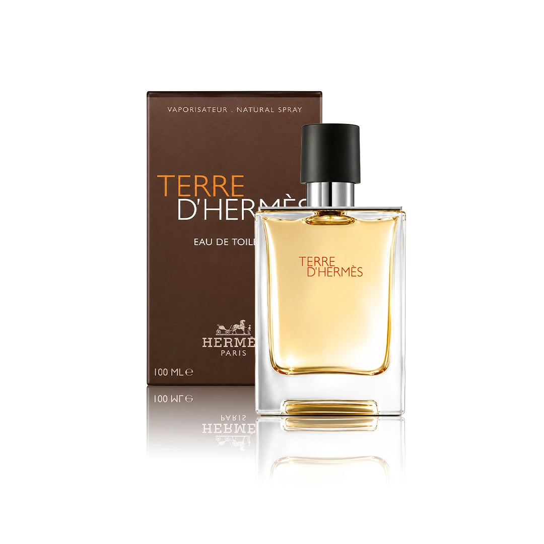 Hermès Terre d’Hermès Eau de Toilette 100 ml Flakon mit Originalverpackung auf weißem Hintergrund
