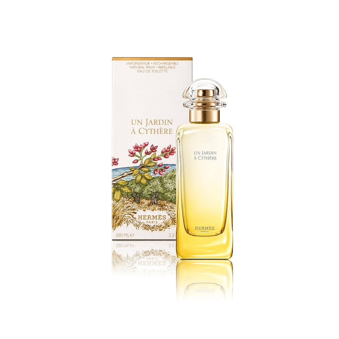 Hermès Un Jardin à Cythère Eau de Toilette 100 ml Flakon mit Originalverpackung auf weißem Hintergrund