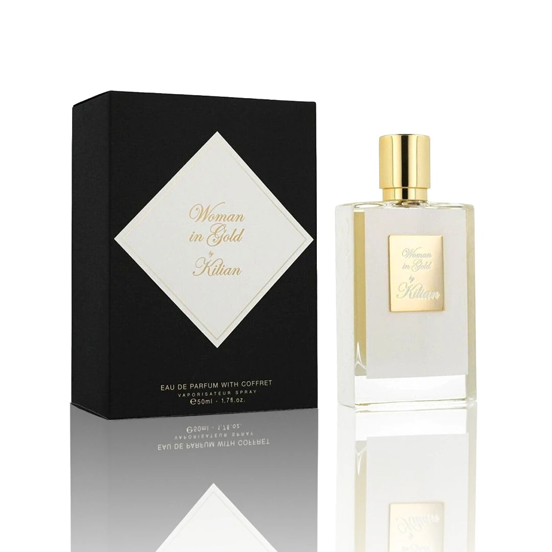 By Kilian Woman in Gold Eau de Parfum 50 ml Flakon mit Originalverpackung auf weißem Hintergrund