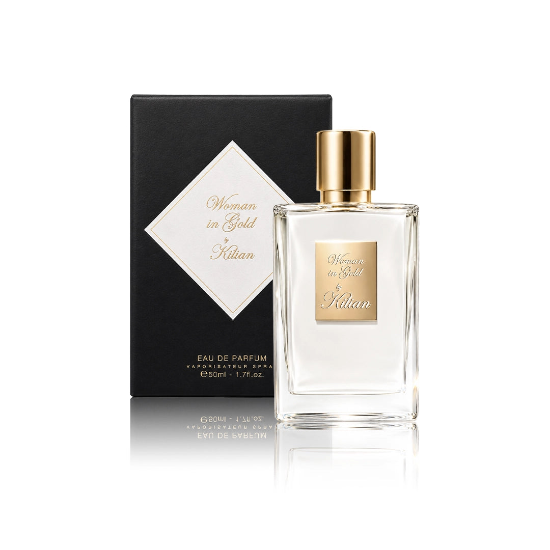 By Kilian Woman in Gold Eau de Parfum 50 ml Flakon mit Originalverpackung auf weißem Hintergrund