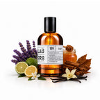 LABOR8 DA AT 119 Eau de Parfum 100 ml Flakon auf weißem Hintergrund mit dargestellten Duftnoten
