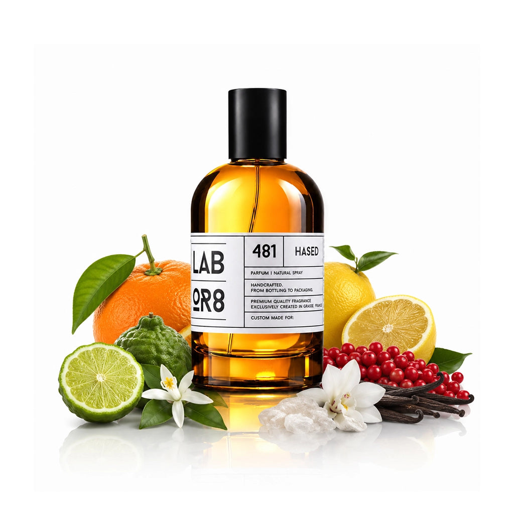 LABOR8 HOD 881 Eau de Parfum 100 ml Flakon auf weißem Hintergrund mit dargestellten Duftnoten
