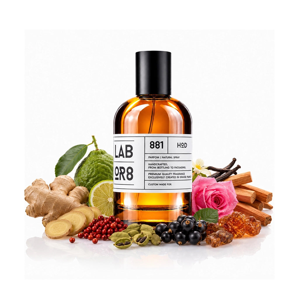 LABOR8 HOD 881 Eau de Parfum 100 ml Flakon auf weißem Hintergrund mit dargestellten Duftnoten