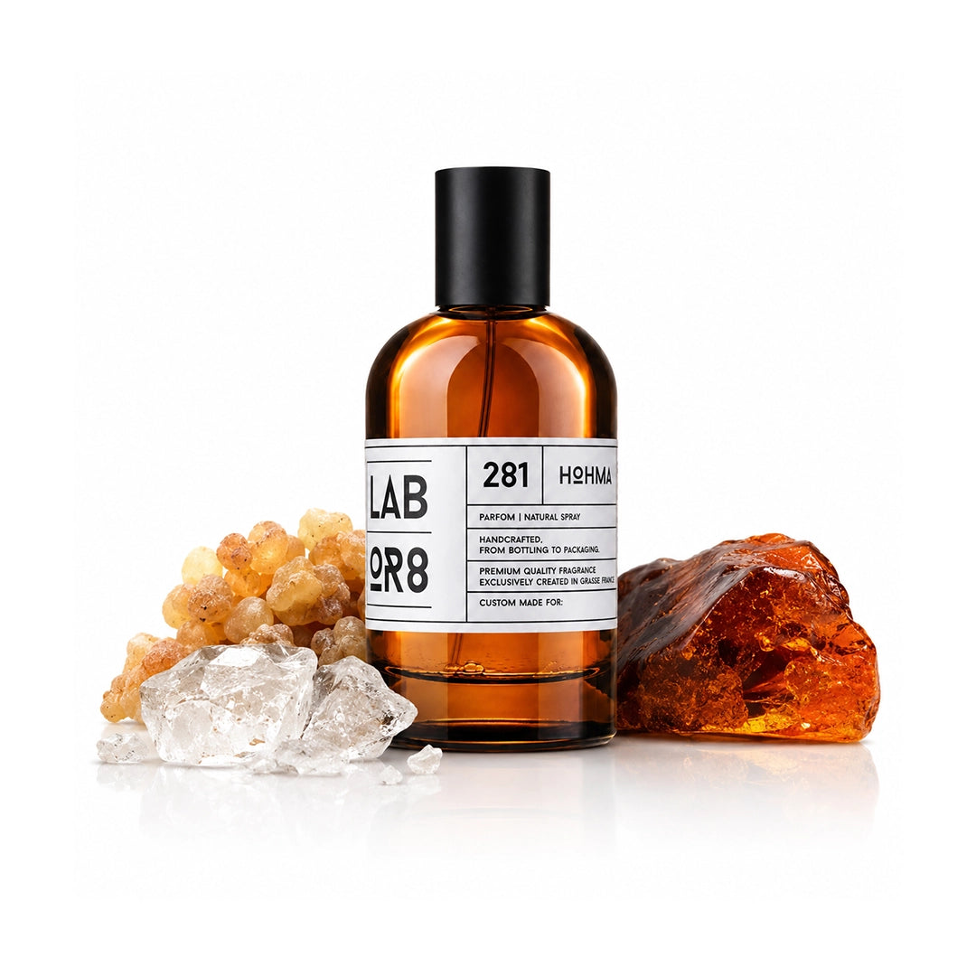 LABOR8 HOHMA 281 Eau de Parfum 100 ml Flakon auf weißem Hintergrund mit dargestellten Duftnoten