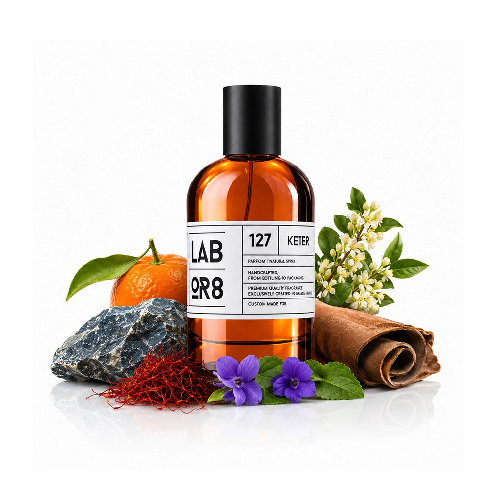 LABOR8 KETER 127 Eau de Parfum 100 ml Flakon auf weißem Hintergrund mit dargestellten Duftnoten