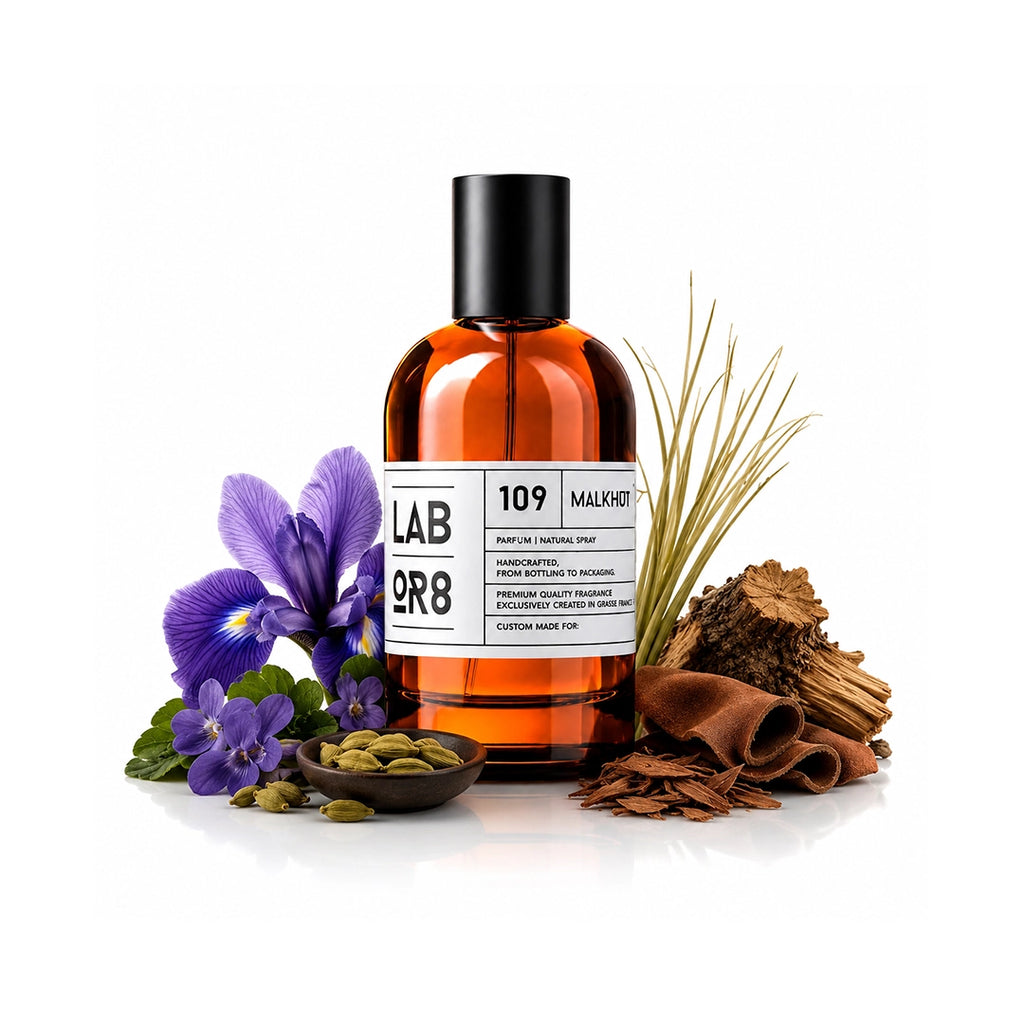 LABOR8 MALKHUT 109 Eau de Parfum 100 ml Flakon auf weißem Hintergrund mit dargestellten Duftnoten