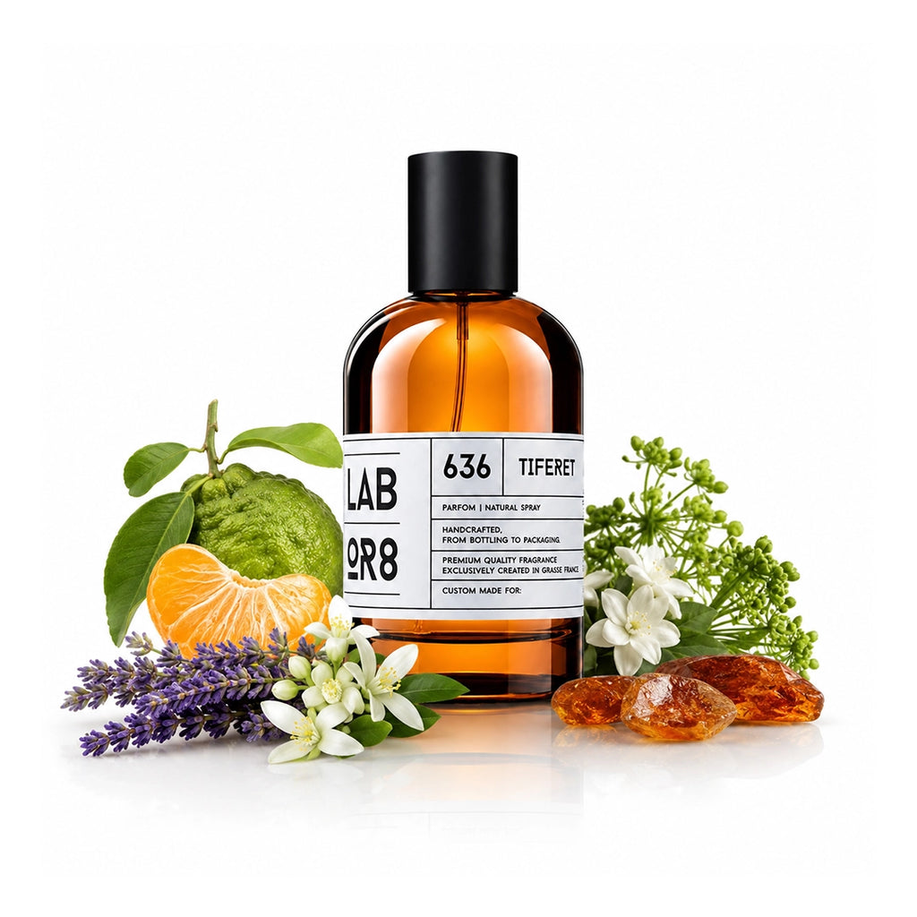 LABOR8 TIFERET 636 Eau de Parfum 30 ml Flakon auf weißem Hintergrund mit dargestellten Duftnoten