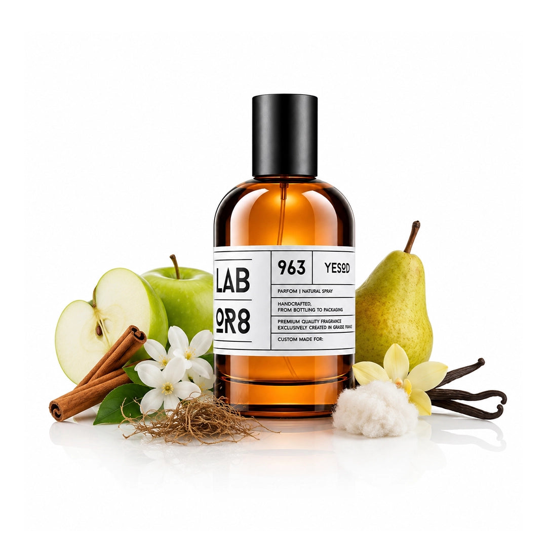 LABOR8 YESOD 963 Eau de Parfum 100 ml Flakon auf weißem Hintergrund mit Duftnoten.
