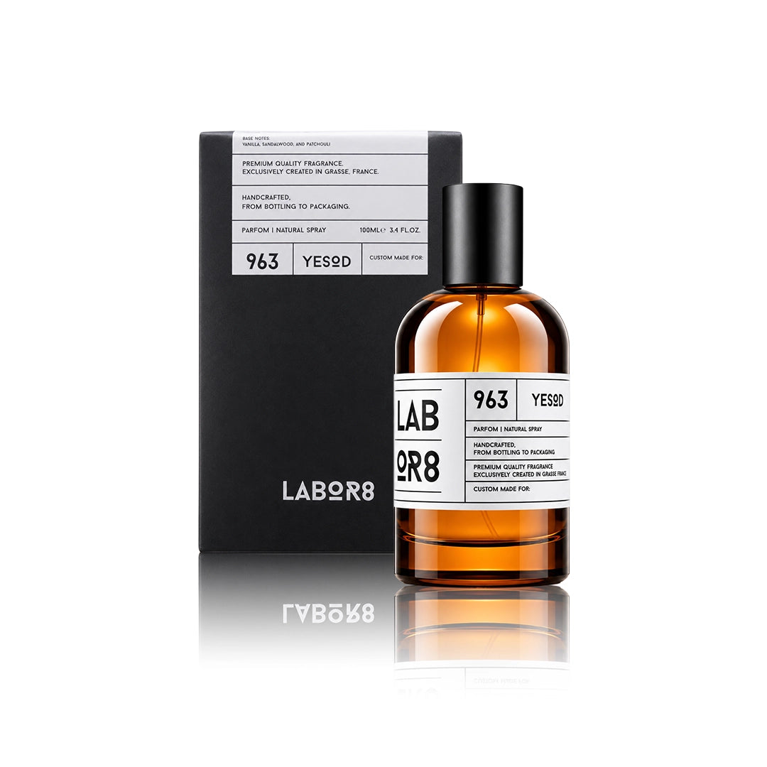 LABOR8 YESOD 963 Eau de Parfum 100 ml Flakon mit Originalverpackung auf weißem Hintergrund