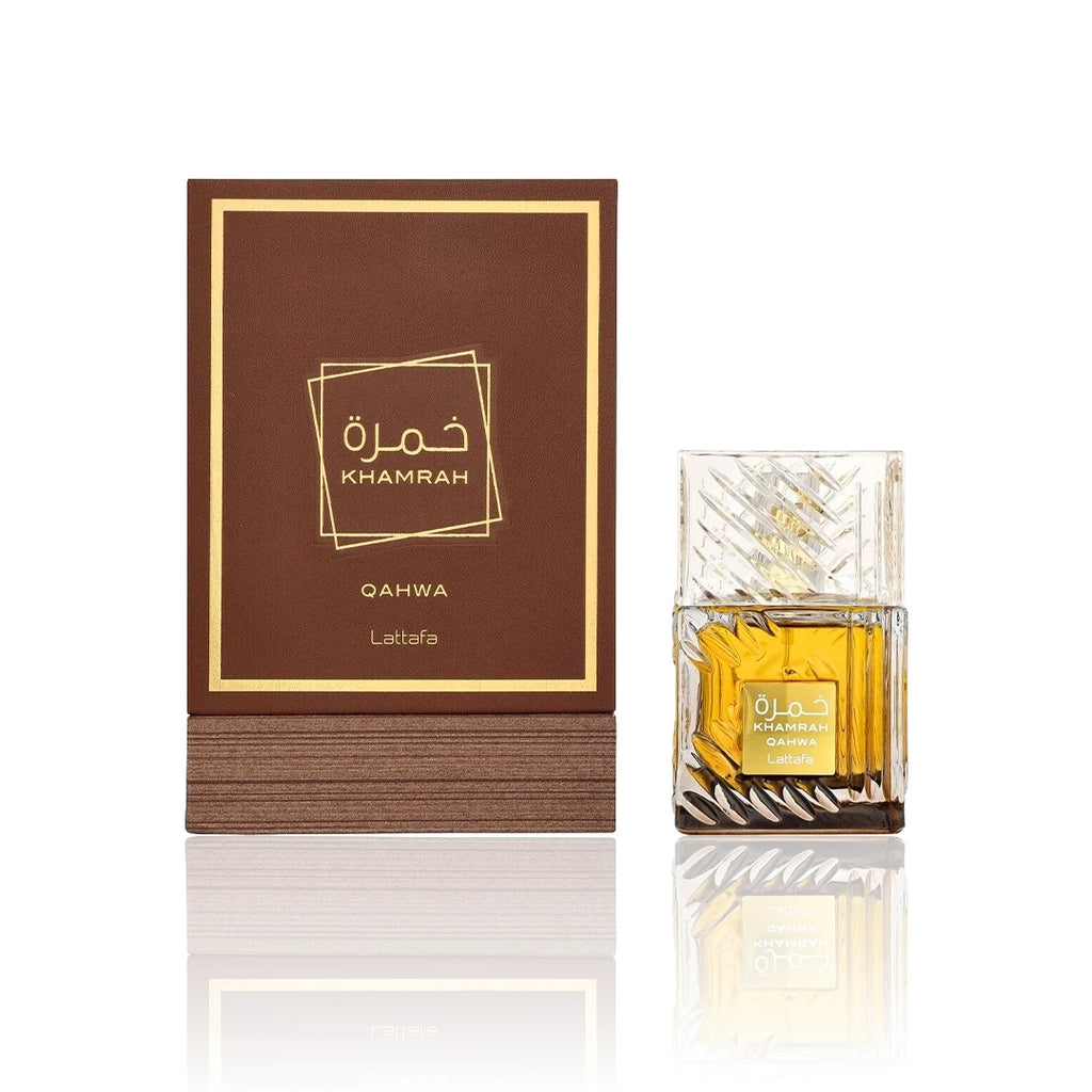 Lattafa Khamrah Qahwa Eau de Parfum 100 ml Flakon mit Originalverpackung auf weißem Hintergrund