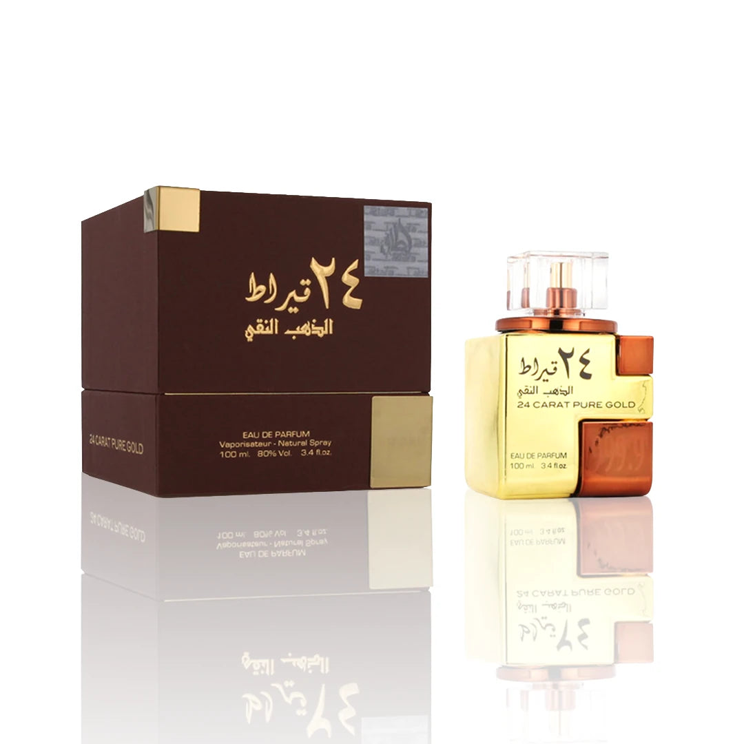 Lattafa 24 Carat Pure Gold Eau de Parfum 100 ml Flakon auf weißem Hintergrund