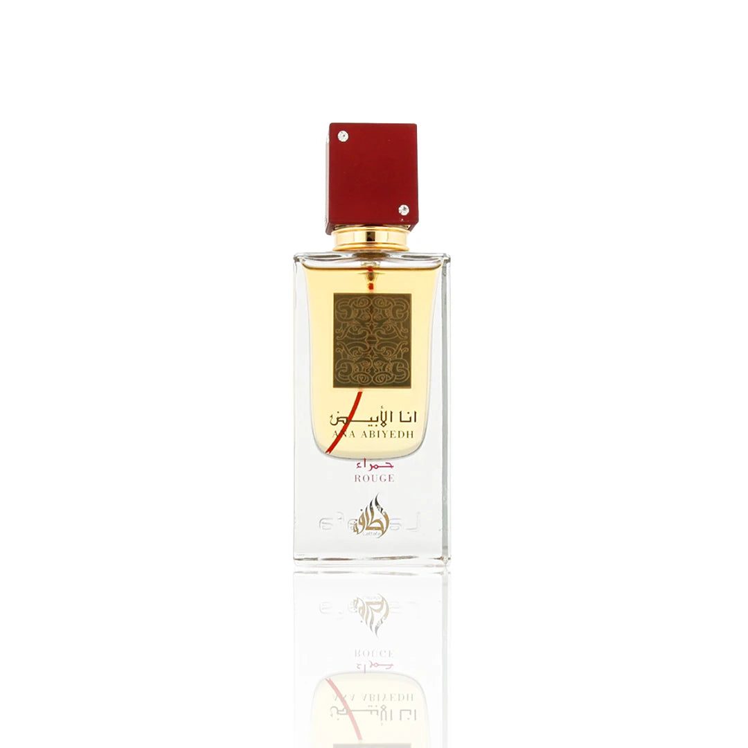 Lattafa Ana Abiyedh Rouge Eau de Parfum 60 ml Flakon auf weißem Hintergrund
