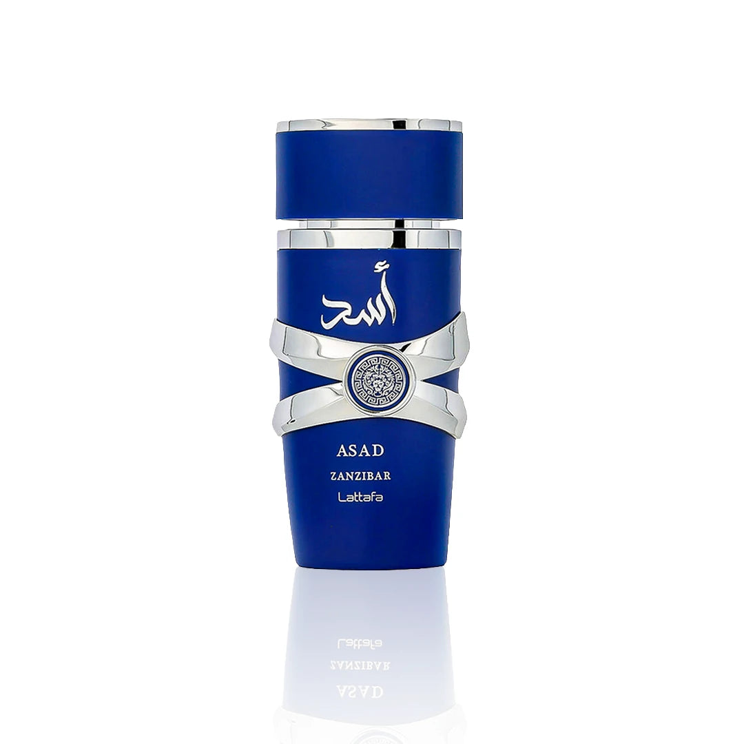 Lattafa Asad Zanzibar Eau de Parfum 100 ml Flakon auf weißem Hintergrund