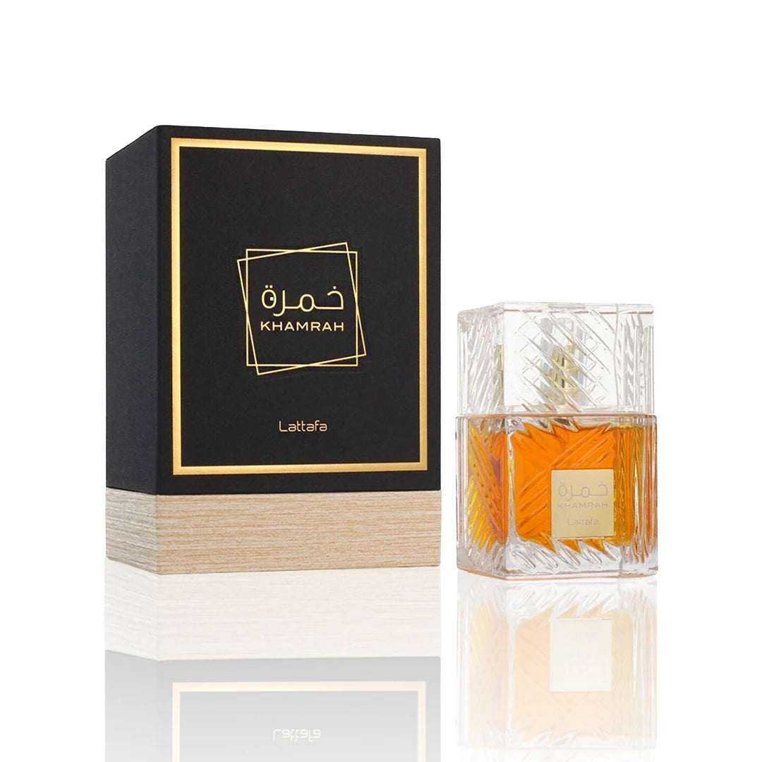 Lattafa Khamrah Eau de Parfum 100 ml Flakon auf weißem Hintergrund