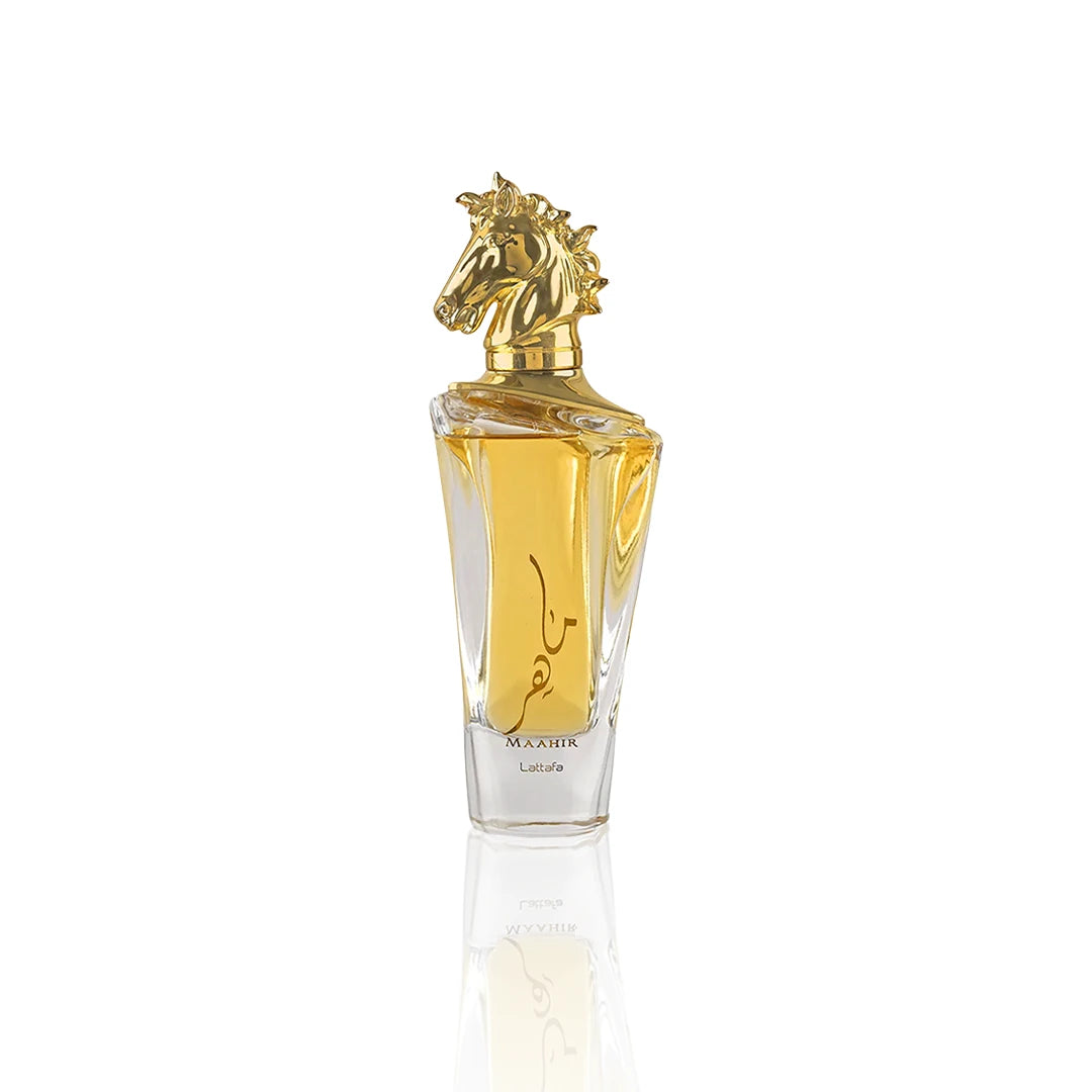 Lattafa Maahir Eau de Parfum 100 ml Flakon auf weißem Hintergrund