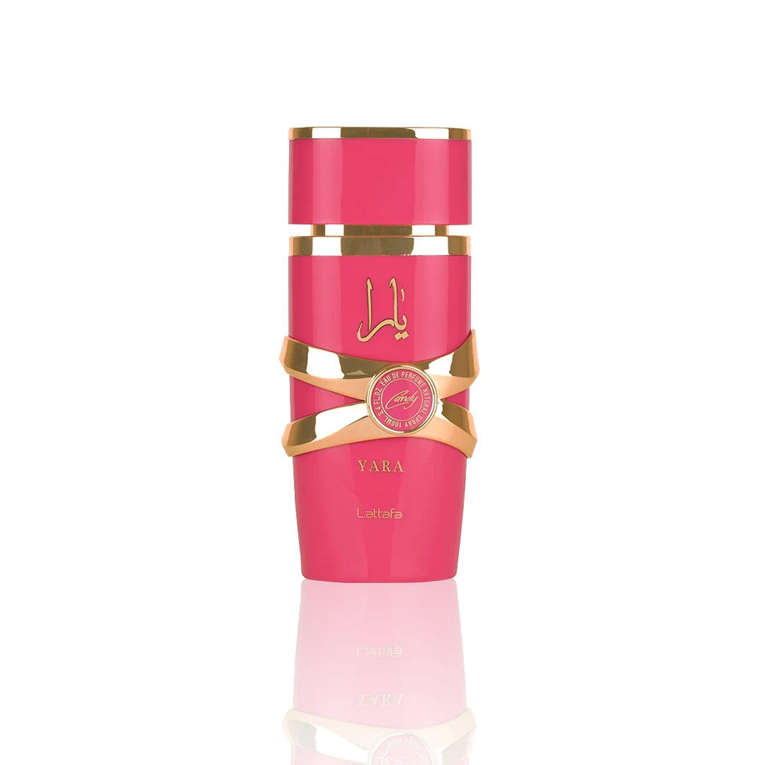 Lattafa Yara Candy Eau de Parfum 100 ml Flakon auf weißem Hintergrund